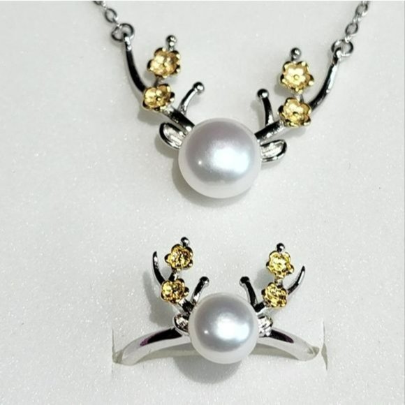 925S Deer‎ Pattern Necklace Ring Earring Freshwater Pearl Jewelry Set - Picture 2 of 15
